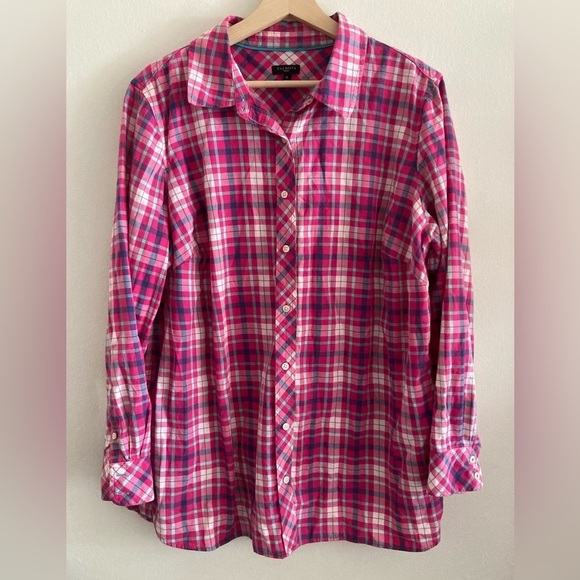 Talbots 1X Hot Pink Long Sleeve Cotton Button Down Flannel Shirt - Picture 1 of 5